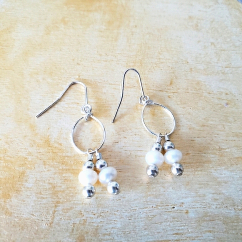 Sterling Silver And Pearls Dangle Hoop Earrings Handmade With Love